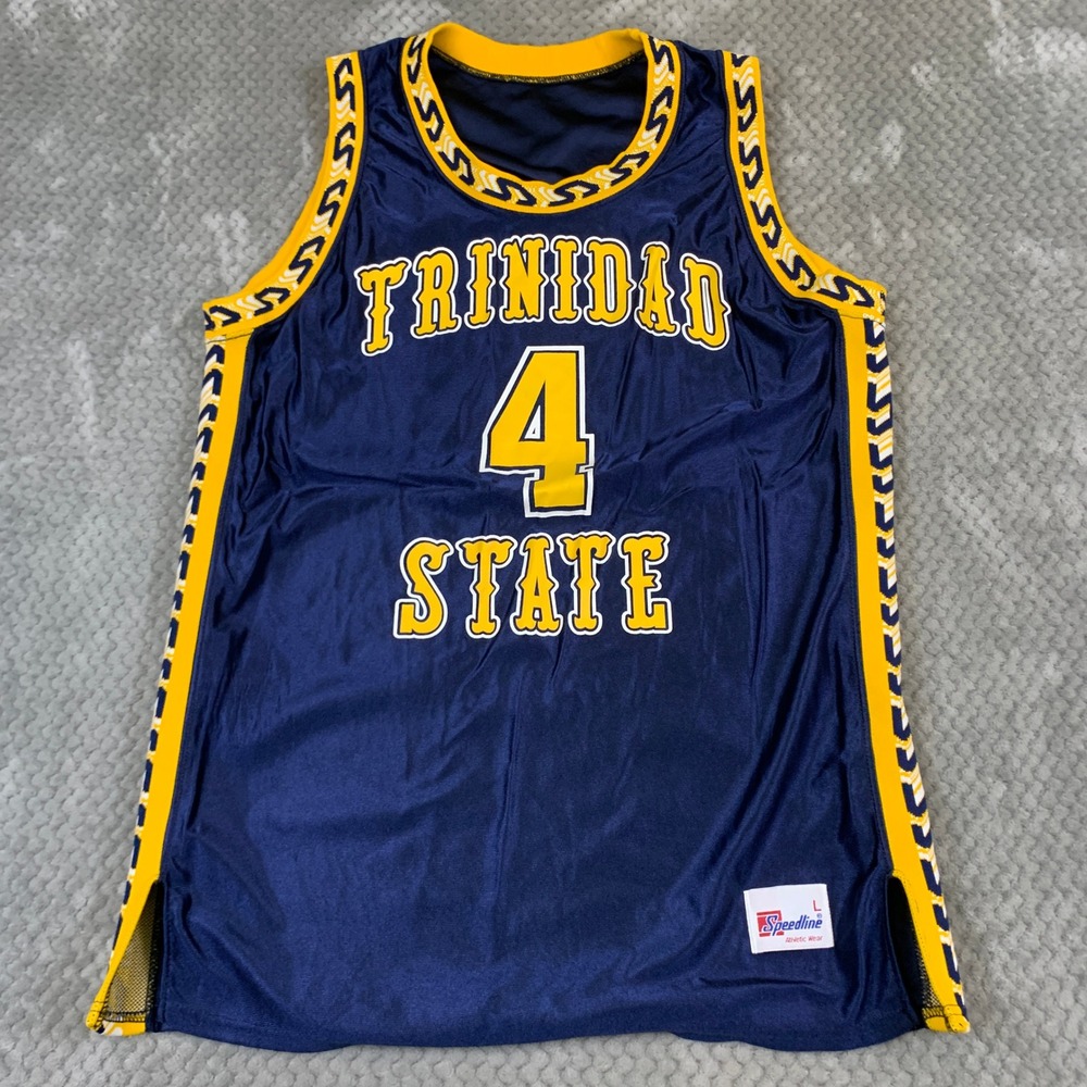 Vintage Trinidad State Basketball Jersey Mens L Navy Blue 90s Speedline #4 Y2K